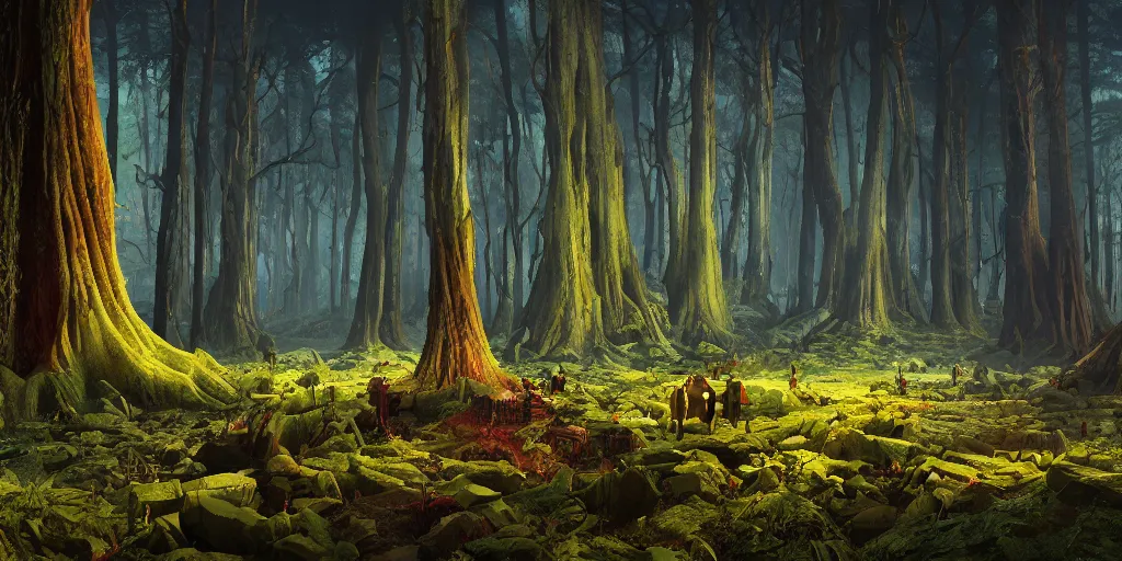 Image similar to Artwork by Filip Hodas of the cinematic view of the Forest of Unholy Horror.