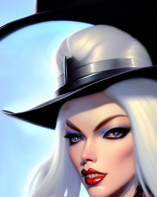 Image similar to ashe from overwatch, white hair, black cowboy hat, character portrait, portrait, close up, highly detailed, intricate detail, amazing detail, sharp focus, vintage fantasy art, vintage sci - fi art, radiant light, caustics, by boris vallejo