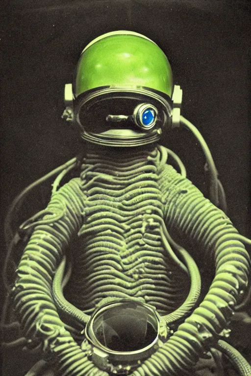 Prompt: extremely detailed studio portrait of space astronaut, alien tentacle protruding from eyes and mouth, slimy tentacle breaking through helmet visor, shattered visor, full body, soft light, disturbing, shocking realization, award winning photo by james van der zee