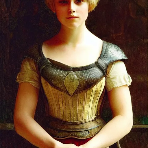 Image similar to annasophia robb in medieval armour, bowl haircut, mucha, bouguereau