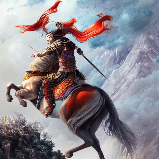 Image similar to dynamic composition, motion, ultra-detailed, incredibly detailed, a lot of details, amazing fine details and brush strokes, colorful and grayish palette, smooth, HD semirealistic anime CG concept art digital painting, watercolor oil painting of meadow and sunrise, from Three Kingdoms, by a Chinese artist at ArtStation, by Huang Guangjian, Fenghua Zhong, Ruan Jia, Xin Jin and Wei Chang. Realistic artwork of a Chinese videogame, gradients, gentle an harmonic grayish colors.