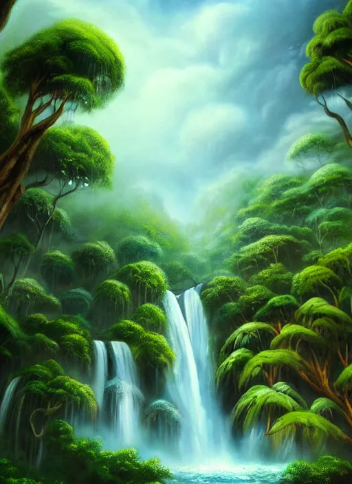 Prompt: a painting of a waterfall in the jungle, a detailed matte painting by bob ross, deviantart, fantasy art, matte painting, detailed painting, 2 d game art