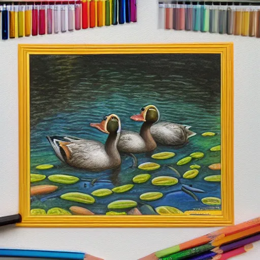 Image similar to Colored pencil art on paper, Ducks swimming in pond, highly detailed, artstation, MasterPiece, Award-Winning, Caran d'Ache Luminance