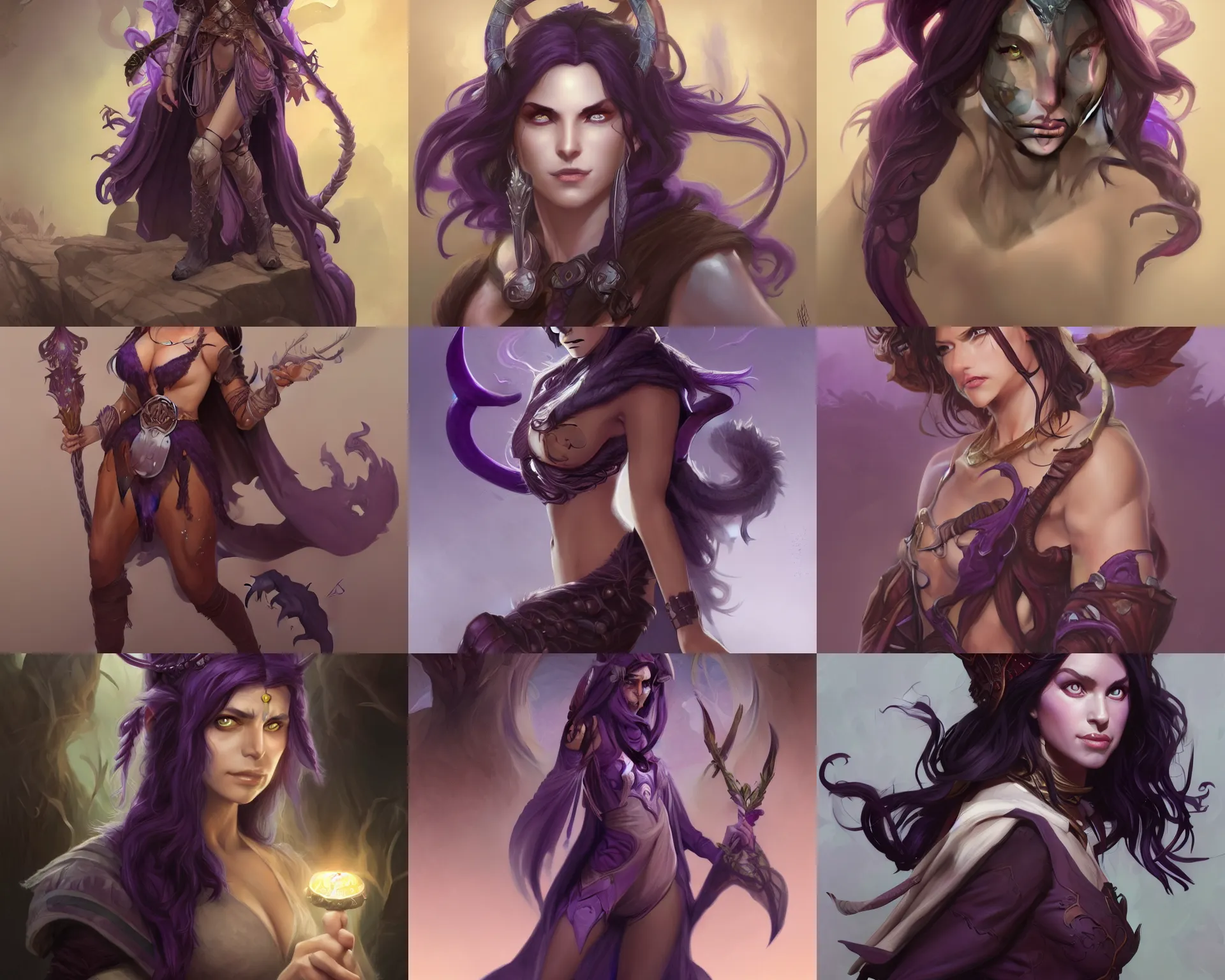 Image similar to Attractive Tiefling Druid, She has light brown skin, dark purple hair, and silver eyes full body, dungeons and dragons portrait, highly detailed, digital painting, artstation, concept art, sharp focus, illustration, art by artgerm and greg rutkowski and alphonse mucha