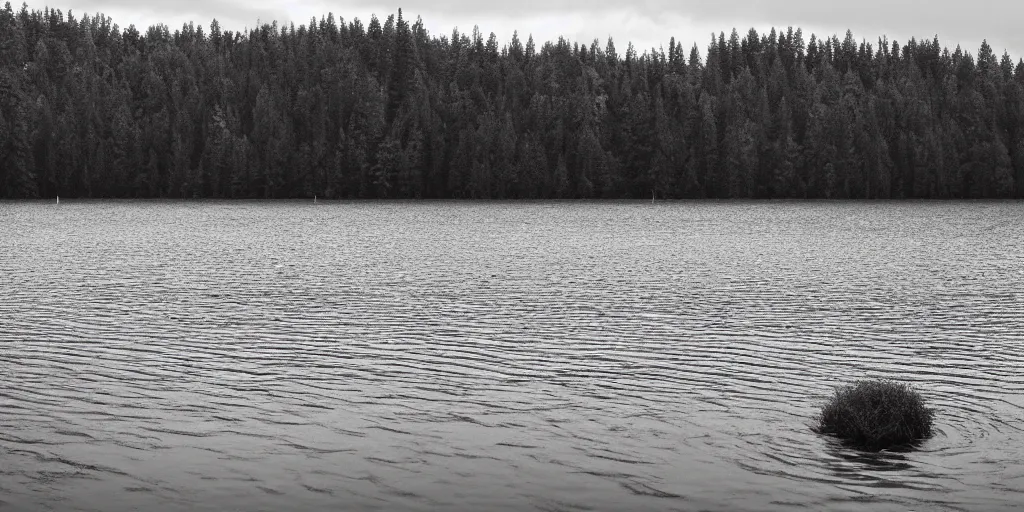 Image similar to centered photograph of a infintely long rope zig zagging across the surface of the water into the distance, floating submerged rope stretching out towards the center of the lake, a dark lake on a cloudy day, moody vibe, trees in the background, hyper - detailed photo, anamorphic lens