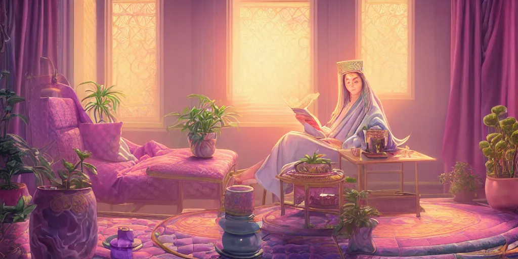 Image similar to a pastel painting of a wizard, ornate robes, lounging on a purpur pillow on the marbled checkered floor in her study room reading an ancient tome. to the side is a potted plant, moody candlelit raytracing. ancient oriental retrofuturistic fantasy setting. 4 k key art. by yoshitaka amano and mark tedin