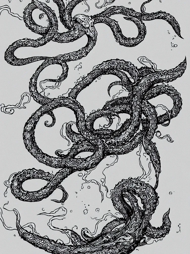 Prompt: minimalist illustration of a kraken hidden in the depths of the ocean, detailed, dark, ominous