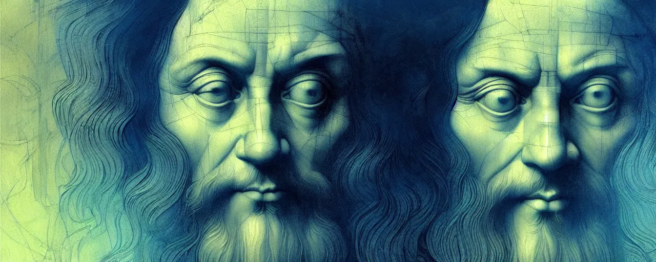 Image similar to duotone golden blue portrait of leonardo da vinci with complex sketches concept illustration of 3 / 4 portrait. cinematic volumetric lighting. dynamic accidental renaissance. by sachin teng and sergey kolesov and ruan jia and heng z. graffiti art, scifi, fantasy, hyper detailed. octane render. concept art. trending on artstation