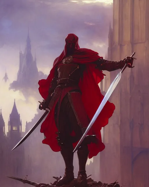 Image similar to A Full View of a Red Wizard with a sword and staff, surrounded by energy in front of a gothic tower. masterpiece 4k digital illustration by Ruan Jia and Mandy Jurgens and Artgerm and greg rutkowski and Alexander Tsaruk and WLOP and william-adolphe bouguereau, award winning, Artstation, art nouveau aesthetic, Alphonse Mucha background, intricate details, realistic, panoramic view, Hyperdetailed, 8k resolution, intricate art nouveau