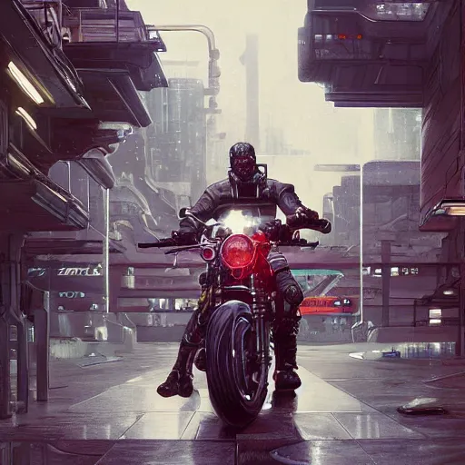 Prompt: extremely detailed realistic render of a cyberpunk samurai riding a motorcycle by James Jean, carig mullins and Syd mead perspective shot ArtStation, CGSociety