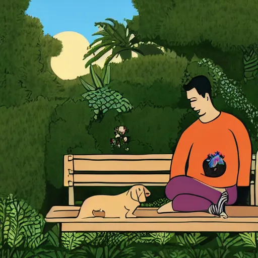 Image similar to a man and a woman sitting on a bench surrounded by plants, a dog sleeping by their feet, cartoon,