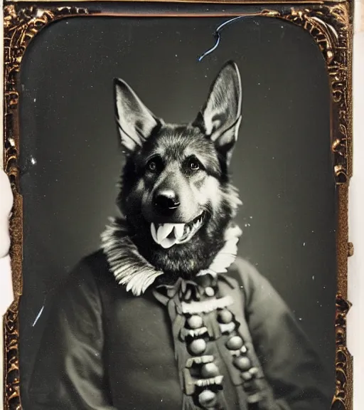 Prompt: professional studio photo portrait of anthro anthropomorphic german shepard head animal person fursona smug smiling wearing elaborate pompous royal king robes clothes degraded medium by Louis Daguerre daguerreotype tintype