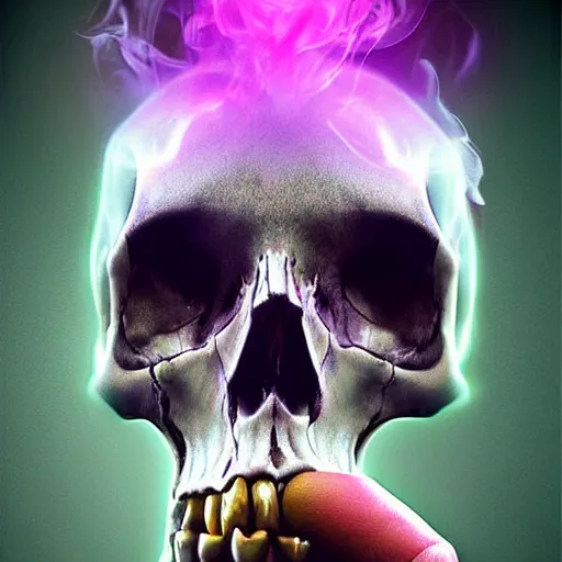 Image similar to a skull with glowing purple eyes smoking a purple cigar, digital art, realistic, vivid