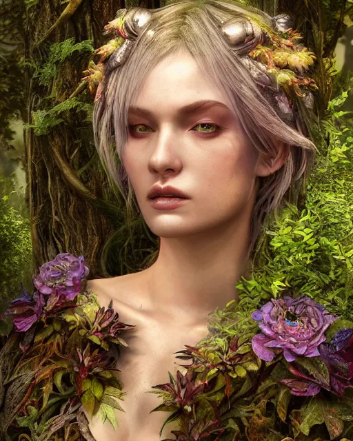 Image similar to portrait high definition photograph female fantasy character art, hyper realistic, pretty face, hyperrealism, iridescence water elemental, snake skin armor forest dryad, woody foliage, 8 k dop dof hdr fantasy character art, by aleski briclot and alexander'hollllow'fedosav and laura zalenga