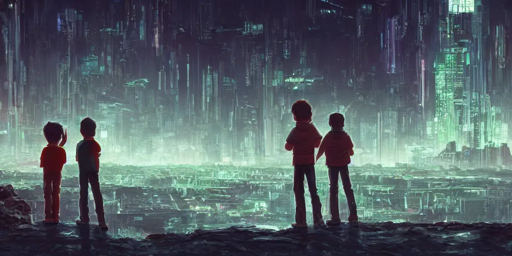 Prompt: highly detailed cell - shaded cartoon landscape with two boys looking at a miniature alien creature 1 9 7 0 s science fiction, cyberpunk, moody, misty, depth perception, 4 k, artstation, in the style of studio ghibli