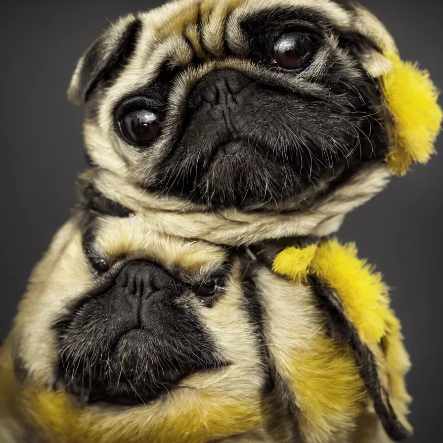 Prompt: bumblebee pug, soft and fluffy, macro photography, high resolution photo, cinematic lighting, beehive interior backgrounds, there is only one bumblepug, solo subject, trending on artstation,