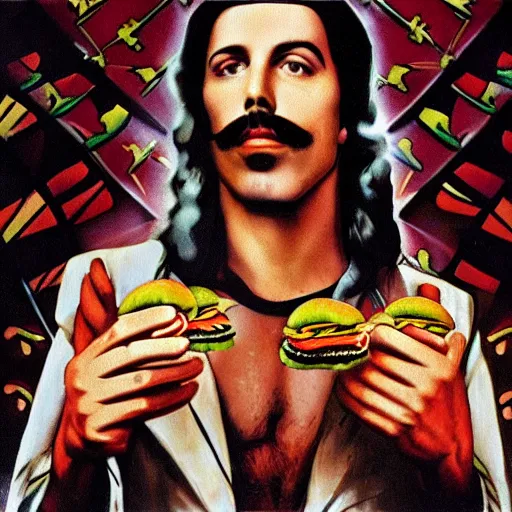 Image similar to album cover of freddie mercury in the last supper in the jungle eating hamburgers