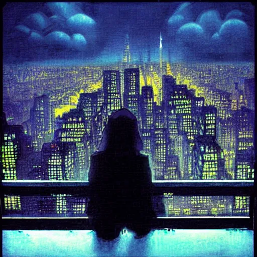 Image similar to “ a girl on a ledge overlooking futuristic new york city, ghostpunk, dark rain clouds, extreme detail, by moebius ”