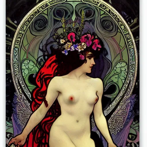 Image similar to persephone as goddess of death, flowers, dark, evil, painted by alphonse mucha