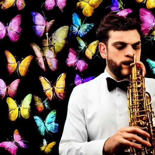 Prompt: swanky Italian restaurant scene, portrait of a formal looking jazz musician playing the flute with multi-color butterflies sitting on the flute, cgi, high energy, 5000K white lighting bias, dim bokeh, 8K, HQ