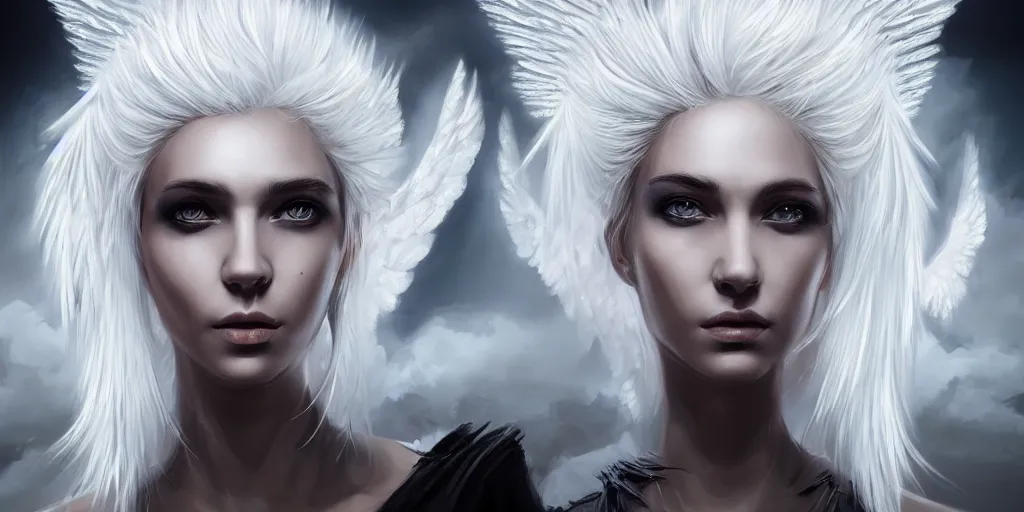 Image similar to portrait of symmetric detailed angel with white hair with detailed white wings flying in black smoke, ultra realistic, epic, highly detailed, hd, sharp focus, cinematic lighting, realistic, vivid colors, gritty, matt painting, digital art, non blurry, sharp, artstation, concept art, smooth, illustration.