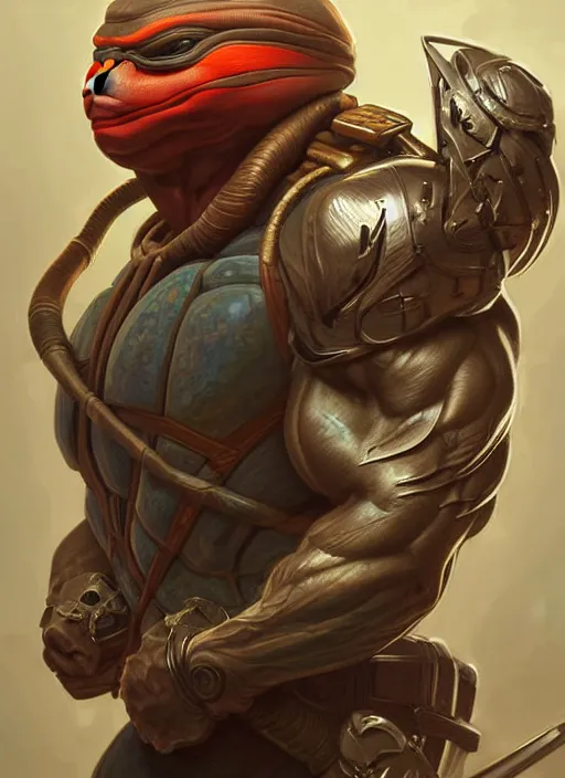 Prompt: portrait of streampunk!! ninja turtle, muscular, intricate, elegant, highly detailed, digital painting, artstation, concept art, smooth, sharp focus, illustration, art by artgerm and greg rutkowski and alphonse mucha