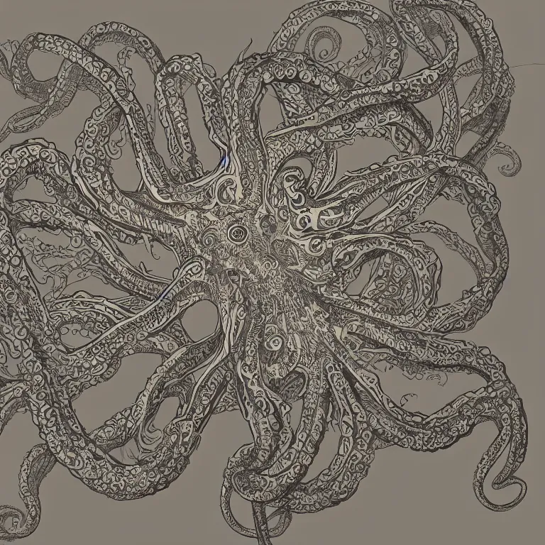 Image similar to a dramatic and beautiful digital matte painting of large realistic octopus with legs made of fractal celtic knots, trending on cgartist, hi-fructose, mandala, string wall art, ultra detailed 8k