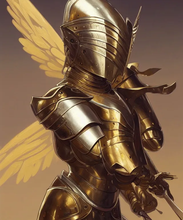 Prompt: Female knight angel in gold and silver armor, highly detailed, digital painting, artstation, concept art, smooth, sharp focus, illustration, art by artgerm and greg rutkowski and alphonse mucha