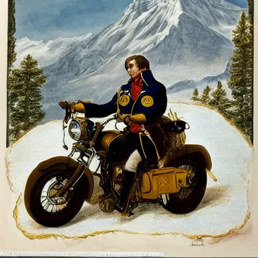 Image similar to Napoleon Crossing the Alps on a Harley Davidson