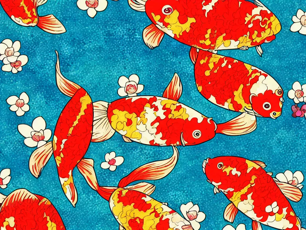 Image similar to colorful koi carp collage illustration pattern, tiny, small, miniature, short, cute and adorable, digital painting, highly detailed, intricate, elegant, artstation, concept art, colorful, beautiful, studio ghibli, aoshima chiho, takashi murakami, manga, cute and adorable