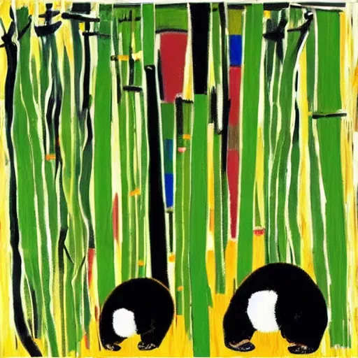 Image similar to “ panda bears playing in a bamboo forest painted by basquiat, highly detailed, theatrical lighting, vivid colors, cinematic ”