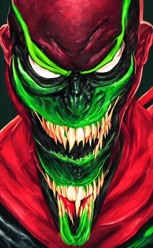 Image similar to portrait of venom as the green goblin, black and red, dynamic lighting, cinematic, ultra detailed, trending on art station, stunning visuals, creative, fantasy concept art