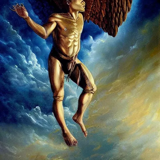 Prompt: beautiful painting by karol bak of a fourteen year old boy with and enormous mechanical wing strapped to his back, standing on the back of a boat in a storm, his arms spread, face looking skyward, wearing only shorts, ready to fly, full body, icarus, winged boy, young teen, rain, clouds, waves, splash,