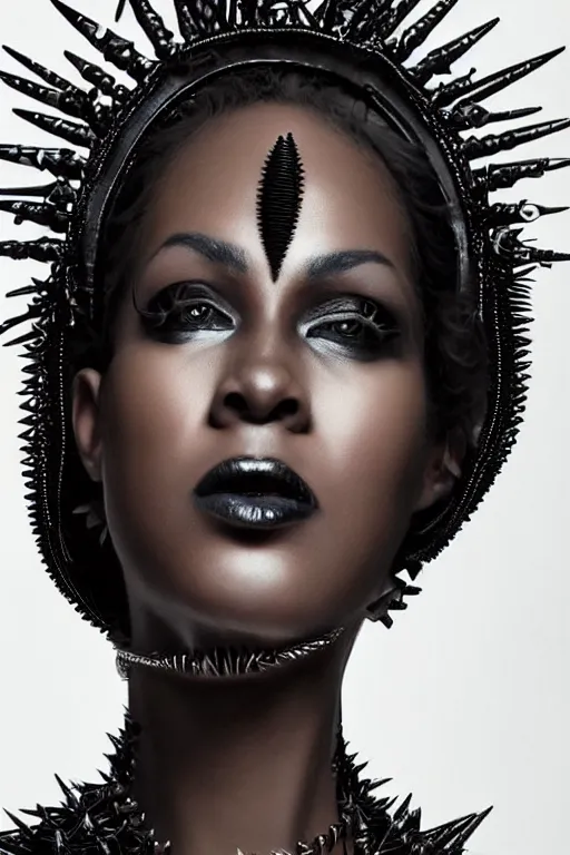 Image similar to an african woman in a black leather outfit with spikes on her head, a high fashion character portrait by christen dalsgaard, featured on behance, gothic art, androgynous, genderless, gothic