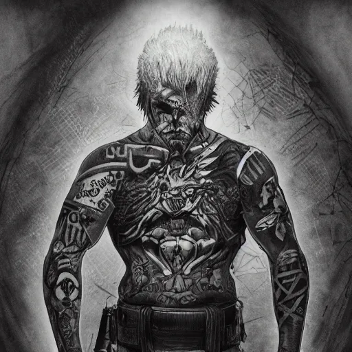 Image similar to Russian prisoner with russian criminal tattoos, highly detailed, symmetrical, detailed ink illustration, raiden metal gear, cinematic smooth, deep aesthetic, concept art, post process, 4k, , evil, moody lighting