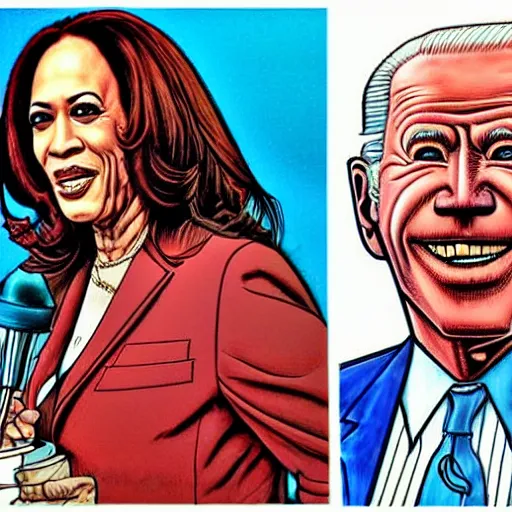 Image similar to The Artwork of R. Crumb and his Cheap Suit - Joe Biden and Kamala Harris, pencil and colored marker artwork, trailer-trash lifestyle