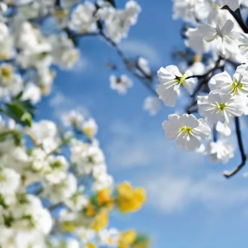 Image similar to bright perfume bottle sitting on a white clean surface surrounded by a plethora of blurred white flowers close up shot, upfront, with sunny bright blue sky and clouds in the background, softly - lit, soft - warm, zen, light, modern minimalist f 2 0 clean