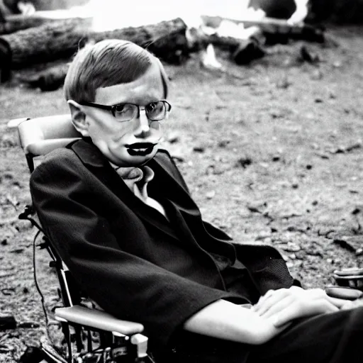 Prompt: stephen hawking next to a campfire, photography,