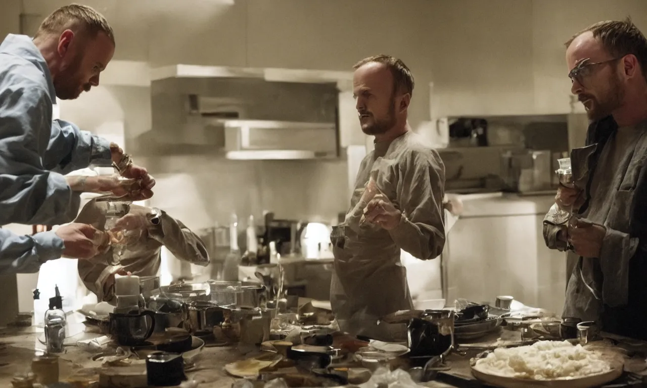 Prompt: a jesse pinkman cook gus for walter white, a still shot from breakingbad