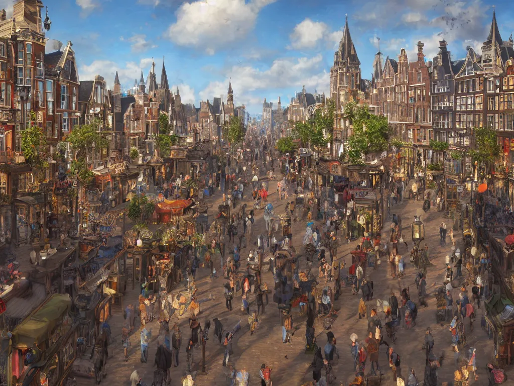 Image similar to streetview of a lively magical town during a festival, inspired by victorian england and amsterdam, sunny weather, highly detailed, intricate, digital painting, trending on artstation, concept art, matte painting, art by greg rutkwowski, craig mullins, octane render, 8 k, unreal engine