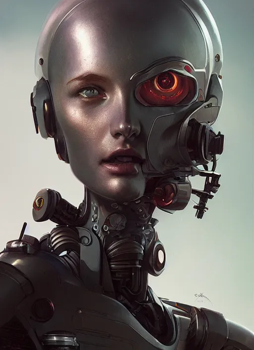 Image similar to hyper realistic portrait of heroic machine robotic android beautiful girl, cinematic, artstation, cgsociety, full face shoulder, greg rutkowski, james gurney, mignola, craig mullins, brom redshift, vray, octane