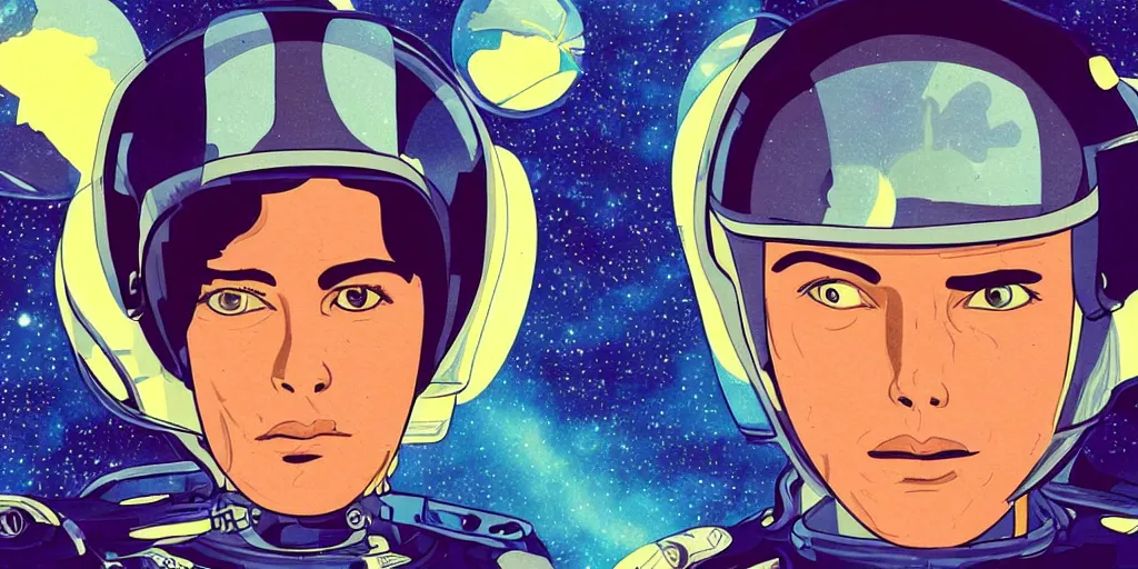 Image similar to a headshot head shot portrait of Alain Delon twins pilot in spacesuit on field forrest spaceship station landing laying lake artillery outer worlds shadows in FANTASTIC PLANET La planète sauvage animation by René Laloux