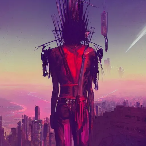 Prompt: a cyberpunk zulu warrior sitting on a cliff watching an enormous metropolitan city burn!! from a distance at night, fire, by alena aenami and android jones and greg rutkowski, Trending on artstation, hyperrealism, elegant, stylized, highly detailed digital art, 8k resolution, hd, global illumination, radiant light, detailed and intricate cyberpunk ghetto environment, rendered in octane, post processed, wide angle, dynamic portrait