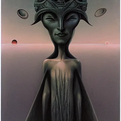 Image similar to Artemixel, the modern reincarnation of the old selenium god of hunt and moon, also known as Artemis or Selene, carrying the crown of the crescent moon. They are crowned by a bright and slightly bluish crescent like the brightness of the night. Portrait by Zdzislaw Beksinski and Jeffrey Smith, oil on canvas.