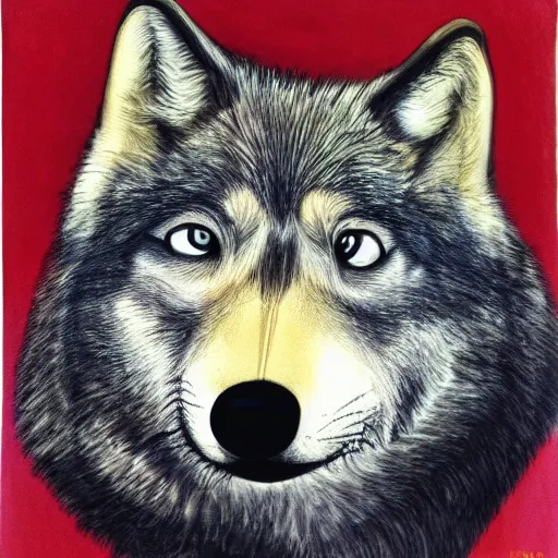 Prompt: portrait of retarded wolf, eyes in different directions, vivid colors, very poor, propaganda style