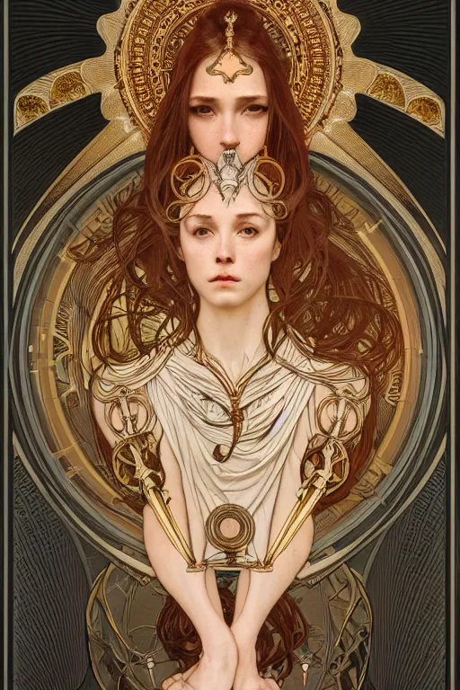 Image similar to beautiful hierophant girl tarot card portrait, biomechanical, intricate artwork masterpiece, majestic, elden ring cinematic lighting, volumetric 8 k, by alphonse mucha, apollonia saintclair, josan gonzalez, artgerm, edmund leighton, kilian eng, trending on cgsociety, octane render, 8 k