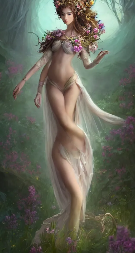 Image similar to A beautiful fantasy empress, full body, just one head, flower tiara, long hair, wearing dramatic aristocrat robe, delicate figure, field of fantasy flowers, foxes and deer, epic composition, ultra wide-shot, dynamic pose, concept art, beautifully lit, digital painting, smooth, character design, sharp focus, elegant, intricate, trending on artstation, by WLOP and James Jean and Victo Ngai