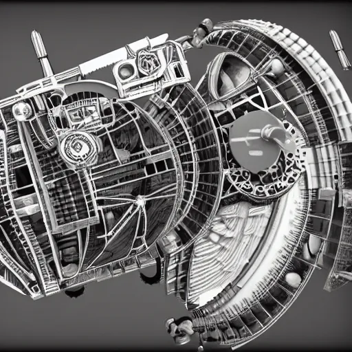 Prompt: front half of airplane cross section, with mechanical gyroscopes and steampunk, seen from behind, a steamtrain smashes into the back of it, vray maya 3D render still, hyperrealistic detailed