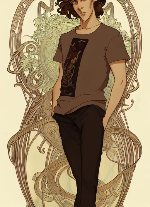 Image similar to art nouveau portrait of a handsome young man with medium length big mess of curly light brown hair, brown eyes, aloof, serious expression, t - shirt, modern casual clothing, natural lighting, path traced, highly detailed, high quality, cartoon, digital painting, by don bluth and ross tran and studio ghibli and alphonse mucha