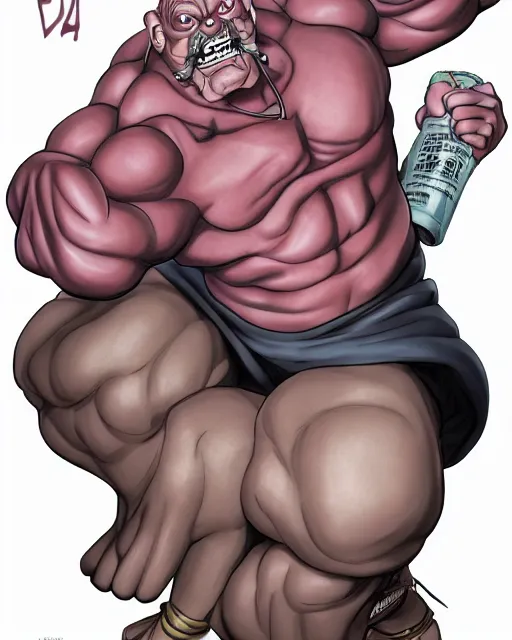 Image similar to Eustace Bagge as a bodybuilder anime villain, drawn by Yusuke Murata, full color, high octane, trending on artstation, digital art